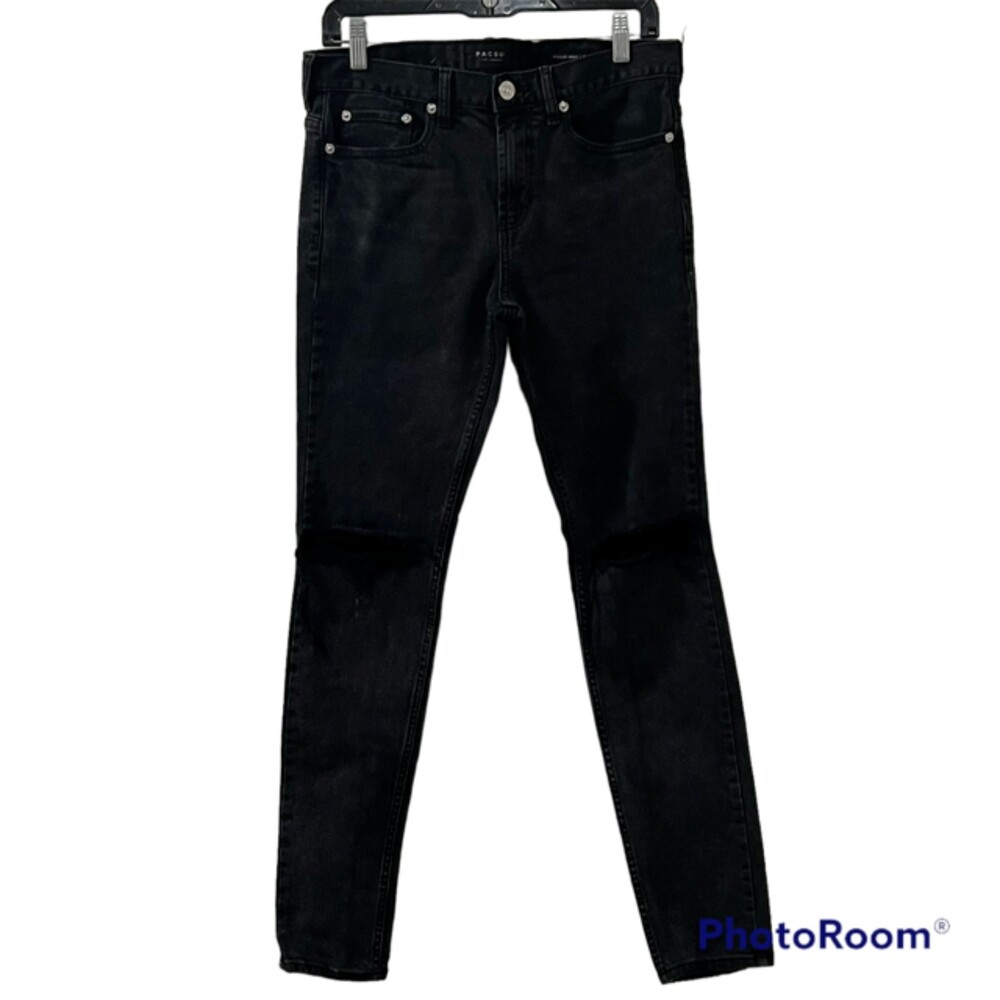 Pacsun Mens Black Stacked Skinny Denim Distressed Mid Rise Jeans Sz 30x30